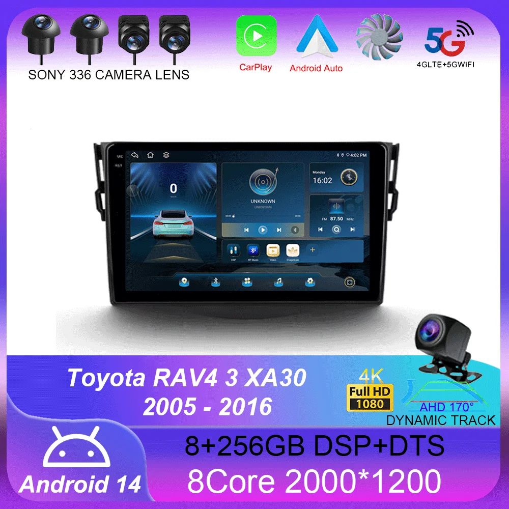 

For Toyota RAV4 3 XA30 2005 - 2016 Android 14 Carplay Auto 4G+WIFI GPS Car Radio Navigation Multimedia Video Player Stereo BT