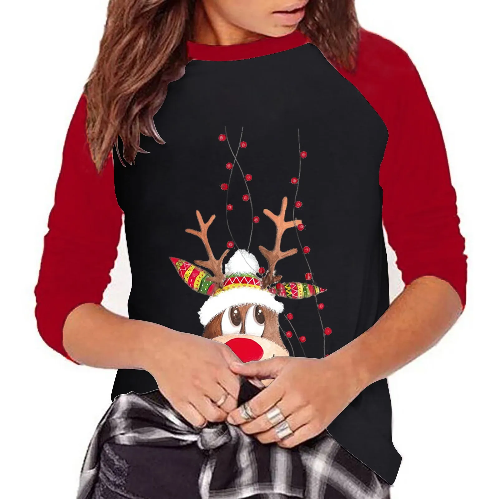 Women\'S Pullover Christmas Print Color Blocking Long-Sleeved T-Shirt Shirt Top Fashionable And Minimalist Women\'S Top 2023