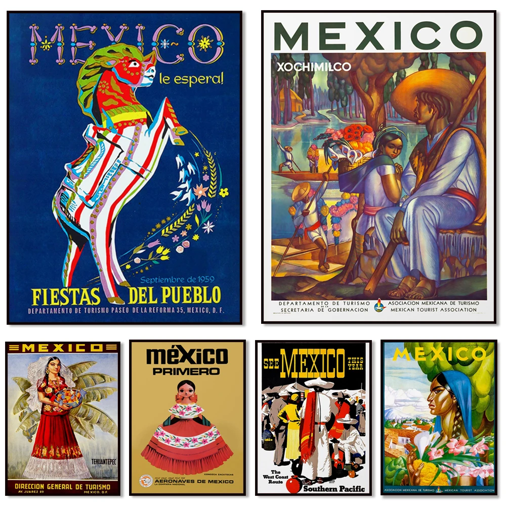 Póster de Viaje Vintage de México, Le Espera-Fiestas del Pueblo-1959, Póster de Viaje Vintage, Decoración de Pared para el Hogar, Póster de Viaje