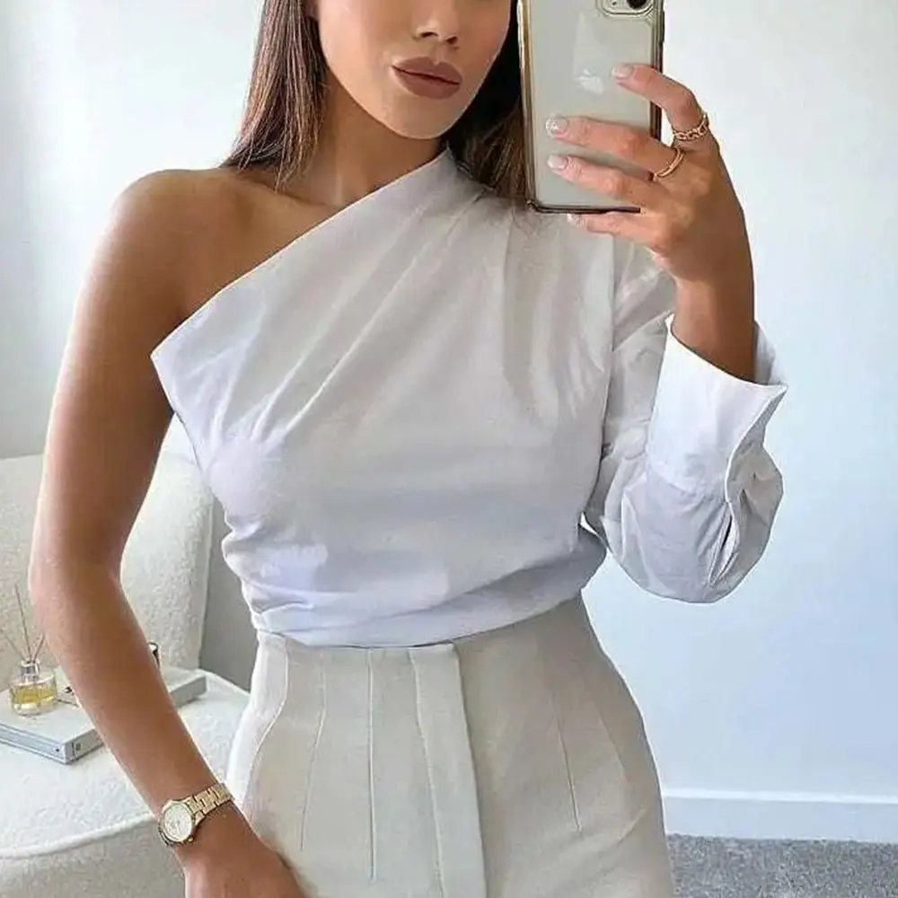 

Women Elegant One Shoulder White Shirt Sexy Long Sleeve Single-breasted Slim Blouses and Tops Simple Chic Tunic