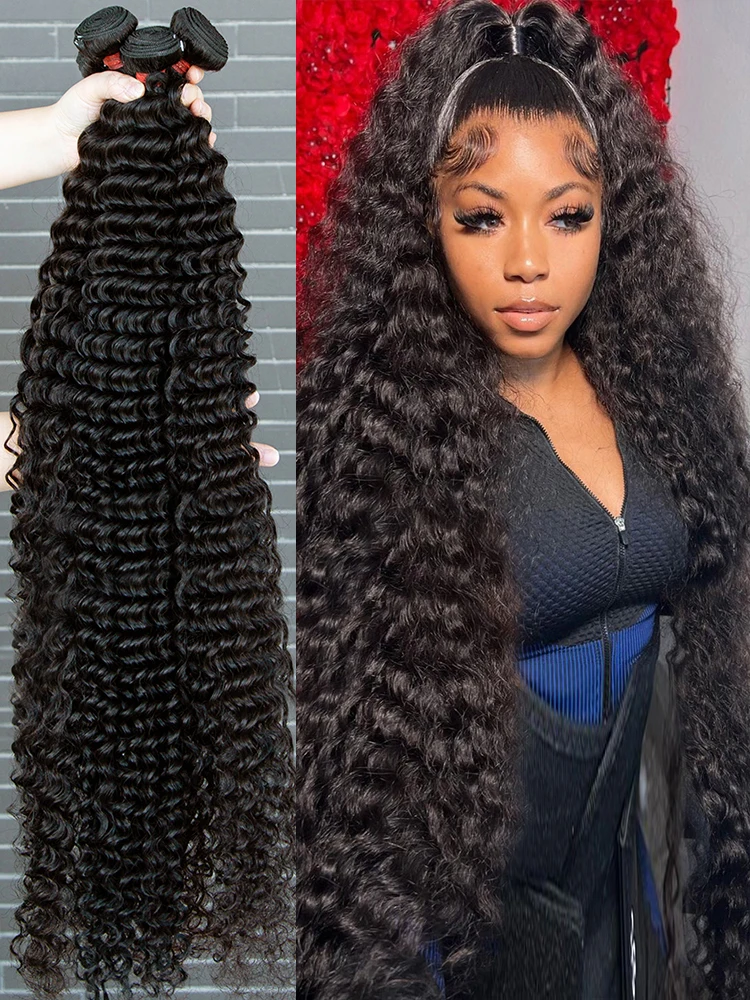 Tissage en Lot Brésilien 100% Naturel, Cheveux Longs Bouclés, Deep Wave, 32 38 40 Pouces, Extension Capillaire Optique, Lots de 3 4