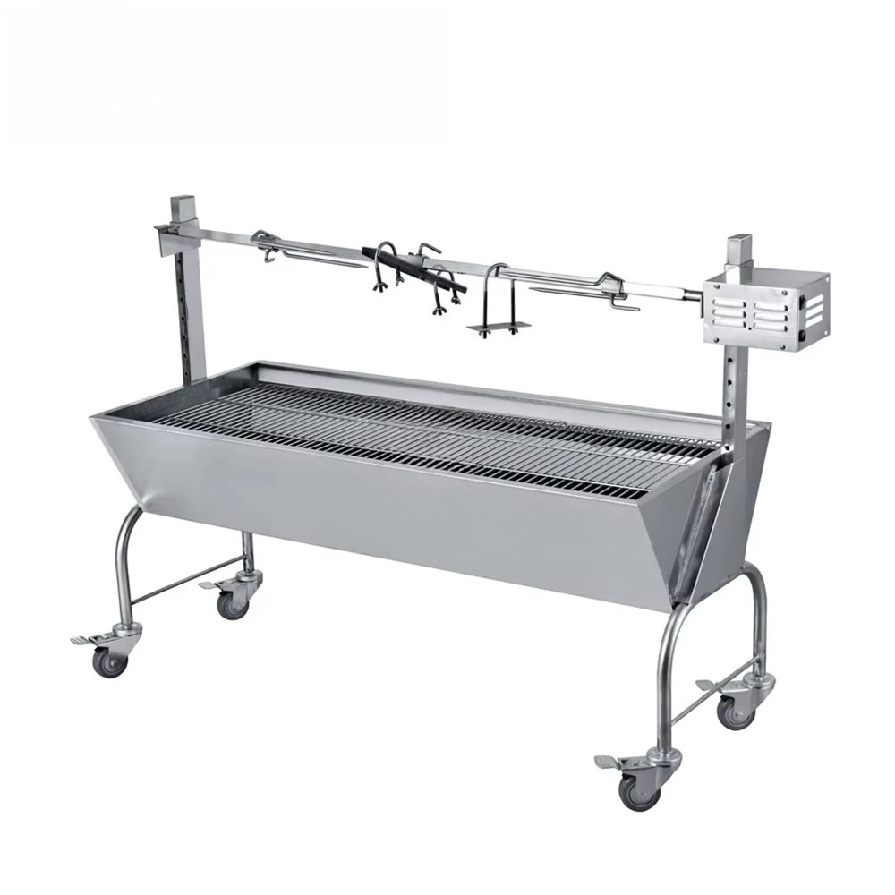 Stainless Steel BBQ Grill, Rotating Pig Charcoal Grill, 4 Wheels, Portable Outdoor Cooking, Powder Coated, Modern Design