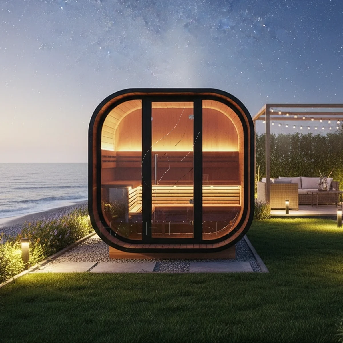 Hachillspa Traditional Square Cube Sauna 4-6 Person Outdoor Thermo Spruce LED Lighting Glass Front Electric Solid Wood Home