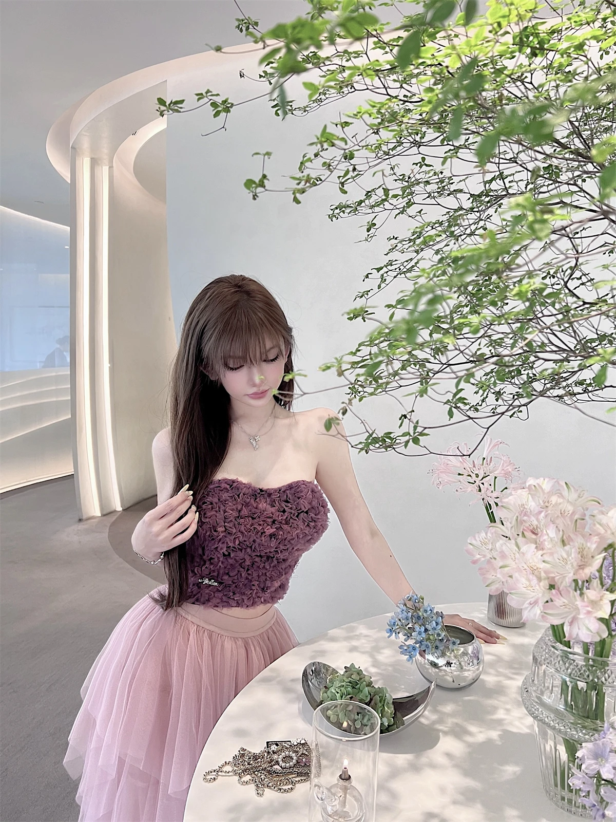 

Комплект из юбки миди и топа Kikimy Cusizable с фиолетовыми розами и градиентным цветом, с асимметричным ремешком из фибоновой ткани, для молодых женщин 8-25 лет