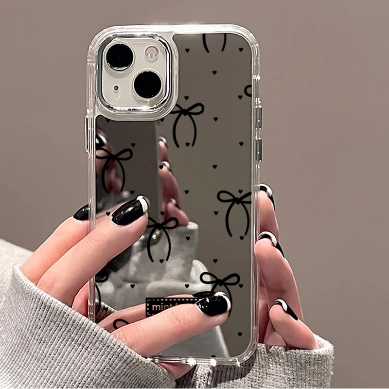 Cute Pink Black Bow Pattern Mirror Phone Case for iPhone 17 16 Pro Max 15 14 Plus 11 12 13 Pro Max 16E Shockproof Clear Cover - view 3