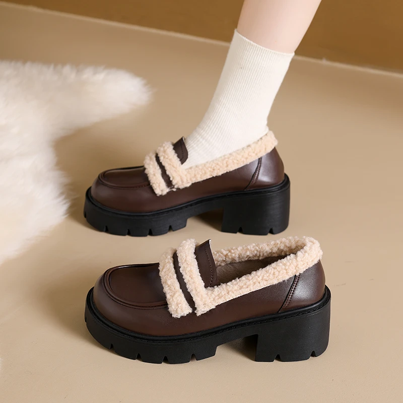 الخريف الشتاء المرأة أفخم المتسكعون منصة حذاء بكعب سميك أحذية من الجلد الفانيلا سميكة الأحذية الدافئة الصوف الحرارية عالية الكعب #2