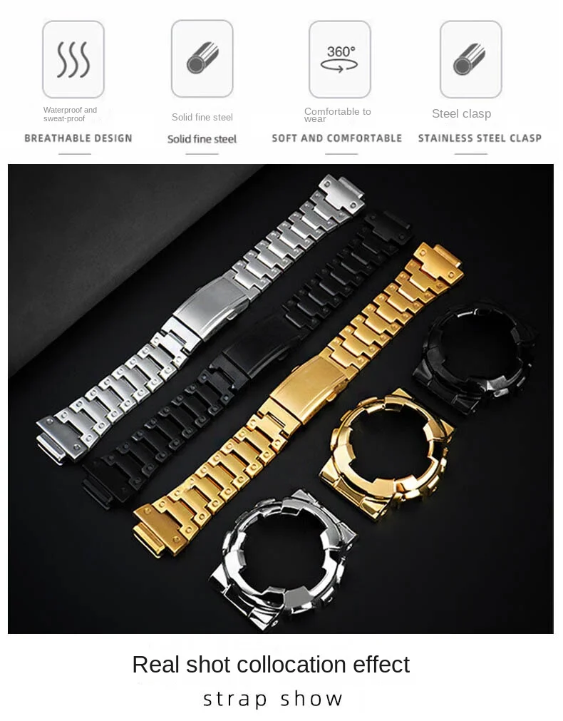 For Casio GA-110 GA-120 GA-100 Solid Stainless Steel Case Men's Waterproof Watchband Bezel GA110 Metal Strap +Case Mod Kit +Tool
