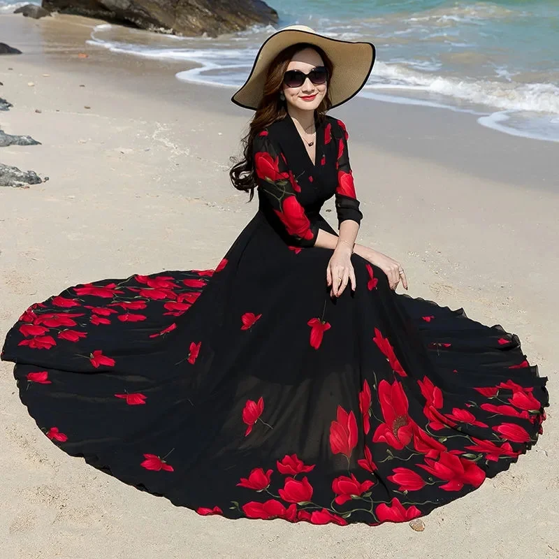 2024 Summer New Sexy Korean Version V-Neck Printed Chiffon Dress Women Waist-Length Temperament Big Swing Thin Beach Long Skirt