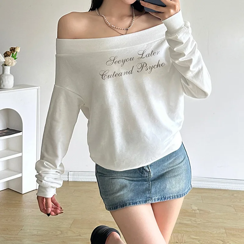 Womens Off Shoulder Sweatshirts Y2K Letter Print Boat Neck Long Sleeve Pullovers Fall Winter Loose Casual Tops Korean Streetwear