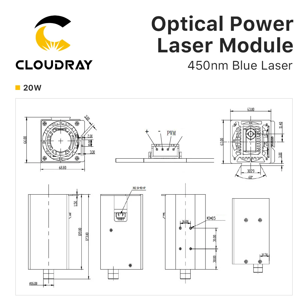 Cloudray 블루 레이저, 450nm, 5W, 10W, 20W 광 파워 레이저 모듈, 레이저 마킹용 오리지널 다이오드 팩과 호환 가능