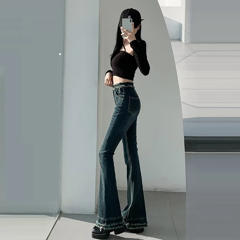 Women's Jeans High Waist Skinny Flared Pants Spring Summer Slim Retro Blue Denim Trousers Fashion Streetwear Y2k Female Clothing