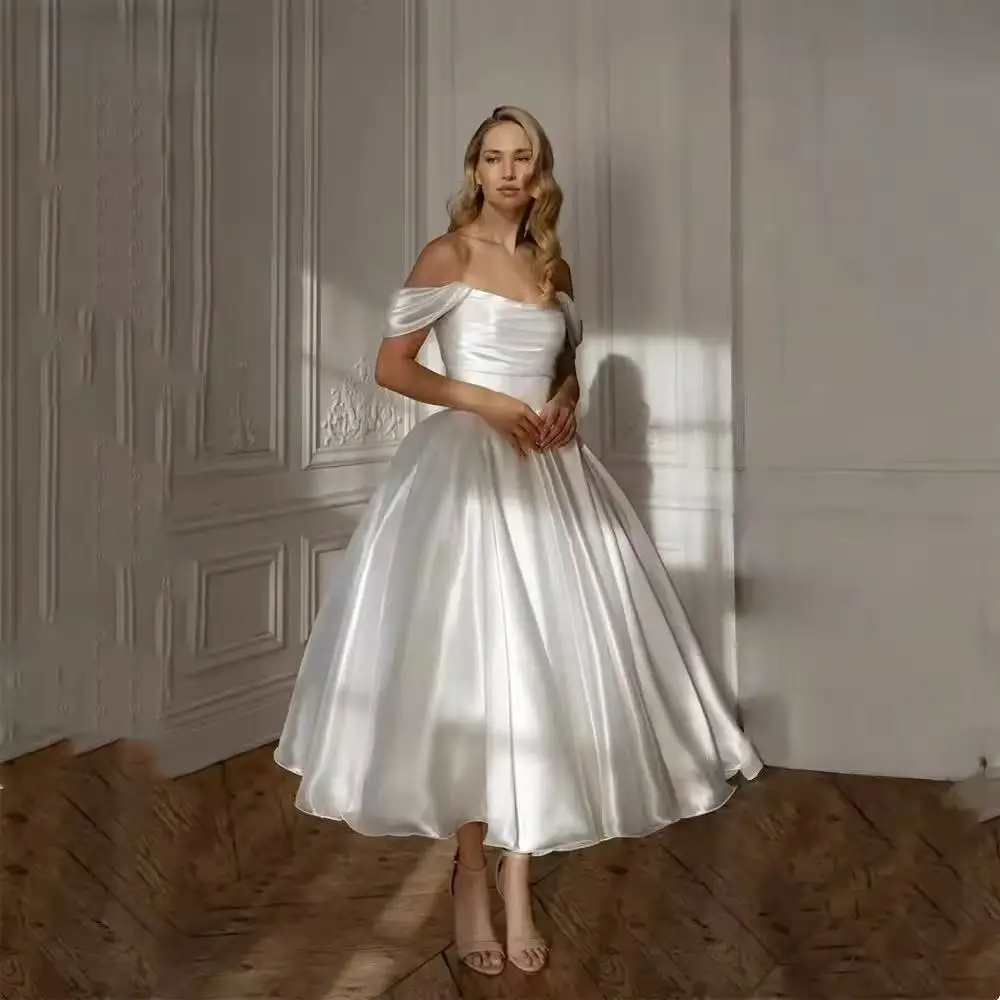 Customized Gorgeous lvory Satin Wedding Dress Off The Shoulder A Line Bridal Gowns Women Elegant Ankle Bride Dresses