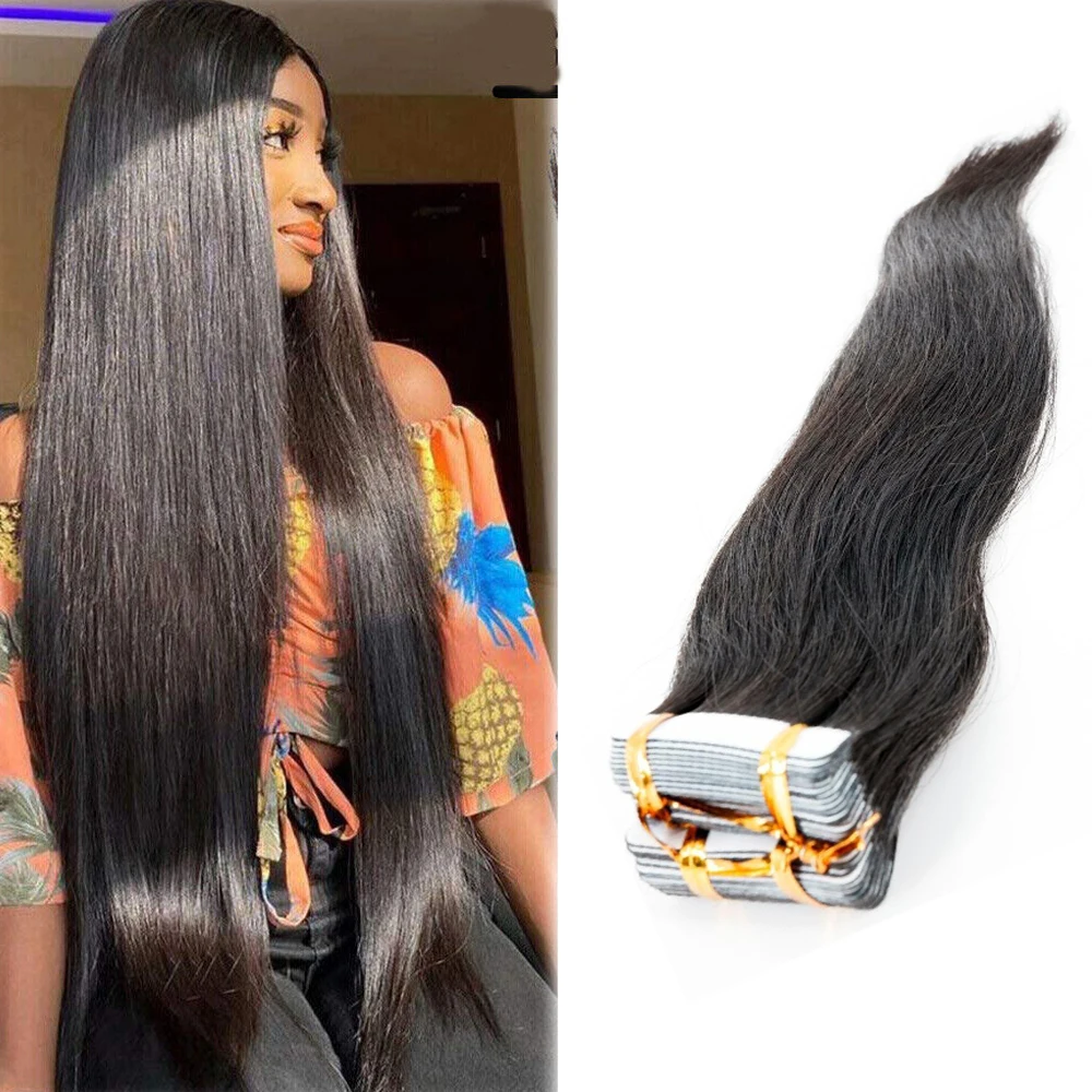 Remy Brazilian Human Hair Straight Extensions para mulheres, trama de pele, cola adesiva na qualidade do salão, fita 100% real