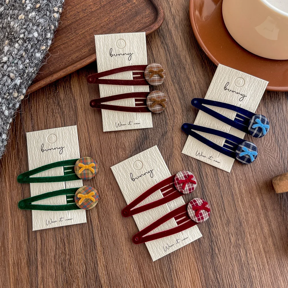 

2pcs Water Drop Button BB Clip Retro Bow Plaid Girl Bangs Siede Clip Hairpin Hair Clip Children's Hair Accessories Kids Headwear