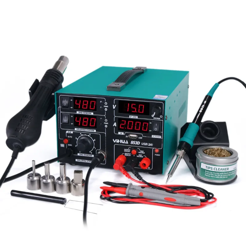 

Прямые поставки с завода YIHUA: Паяльная станция YIHUA853D с цифровым дисплеем, термофеном и блоком питания 15В 2А (три в одном)