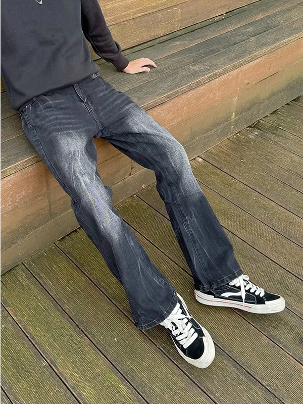 

Waed Slim Fit Straight Leg Jeans Men's American High Street Vibe Lightning Pattern Jeans Youthful Trendy Travel Outdoor