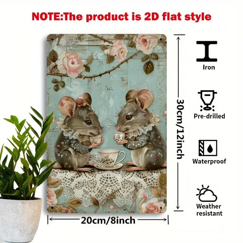 A Vintage Elegant Art Tin Sign Featuring a Gentleman Mouse for Afternoon Tea, Measuring 8X12 Inches, Suitable for English Tea Ho