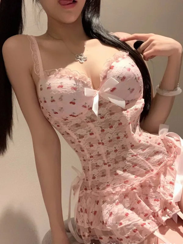 Exotic Summer Fashion Women\'s Clothing 2024 New Sweet and Cute Girl Style Bow Decoration Cherry Print Lace Elegant Dress LLV3