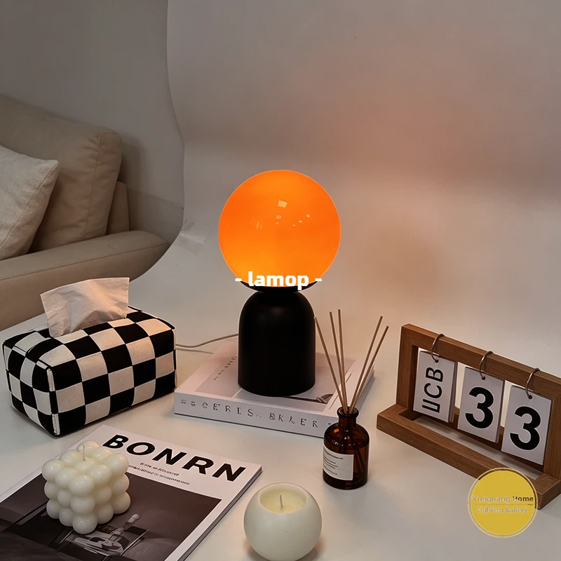 Murano Glass Sphere Vault Table Lamp Cream Wood Tone Bedside Lamp 3 Color Soft Warm Light for Wooden Dining Table Cafe Dessert