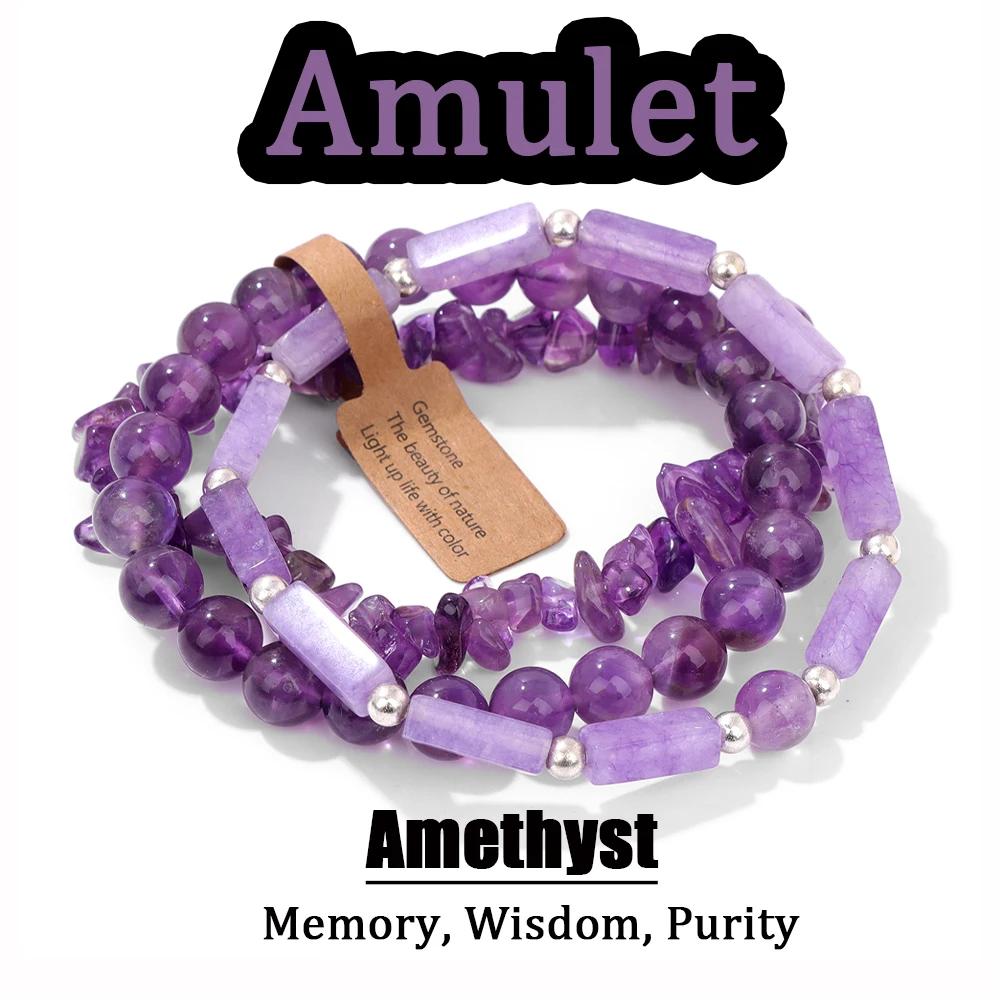 3pcs Amethysts Beads Bracelets for Women Men Natural Stone Quartzs Memory Wisdom Purity Bracelet Set Amulet Jewelry Gift