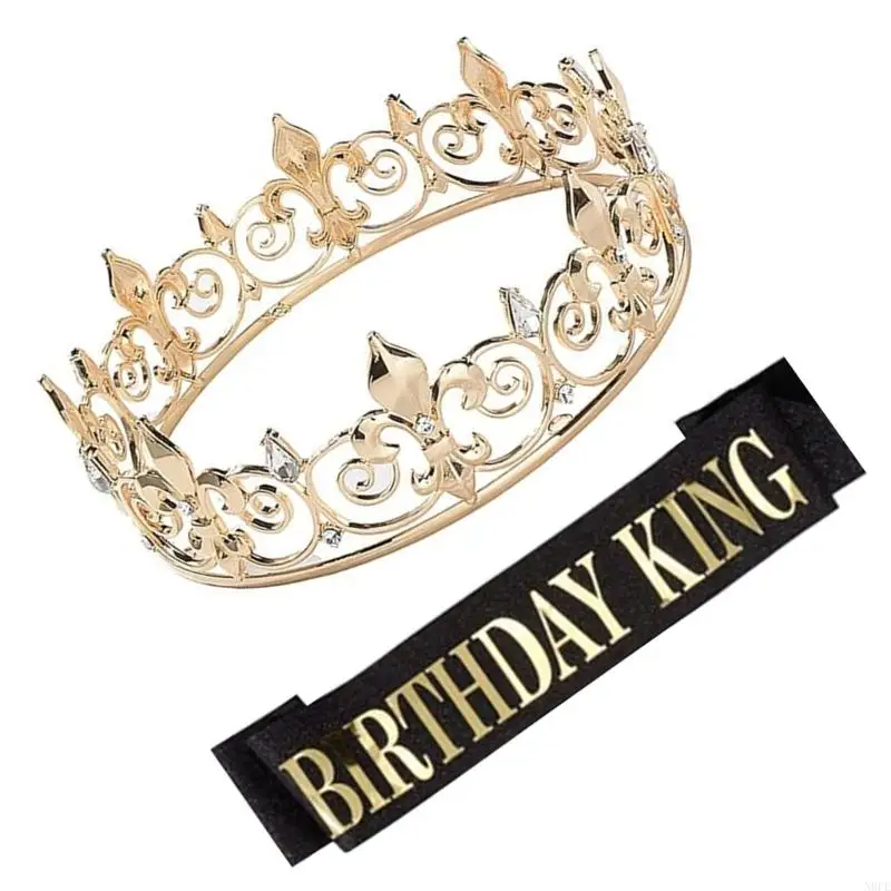 N0PE วันเกิดมงกุฎวันเกิด King Sash สำหรับชายระยิบระยับ Letter Sash Rhinestones Crownpiece ผู้ชายวันเกิด Party Headwear