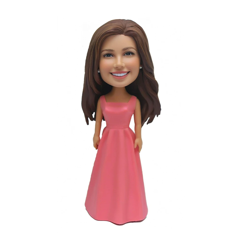 

Custom Woman Bobblehead in Pink Evening Dress, Handmade Collectible Figure, Home Decoration Based on Your Photo