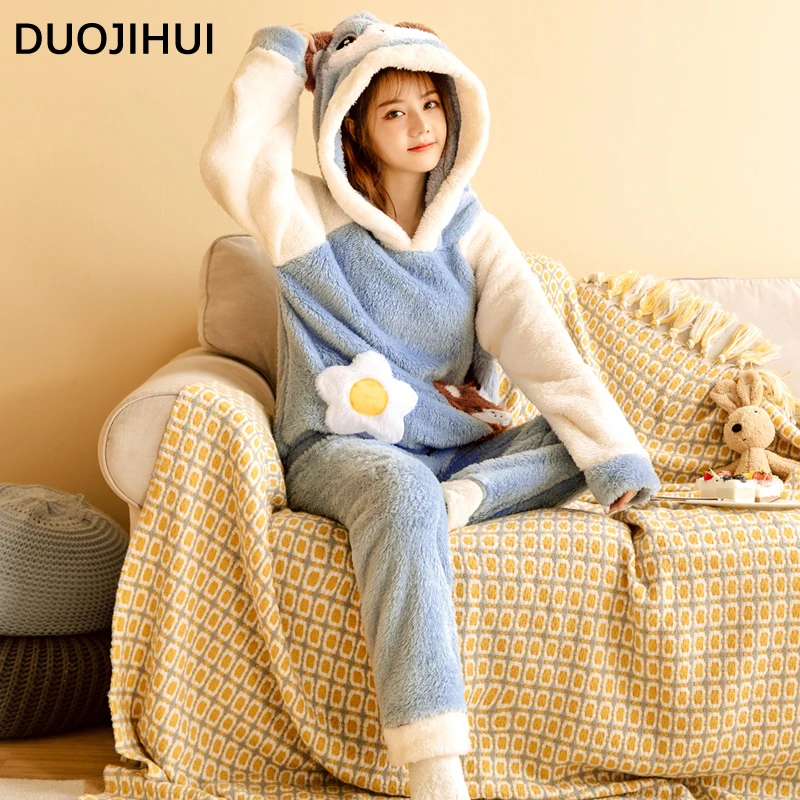 DUOJIHUI Sweet Hooded Pullover Basic Pant Casual Home Pajamas for Women Korean Winter Thick Warm Soft Fashion Female Pajamas Set