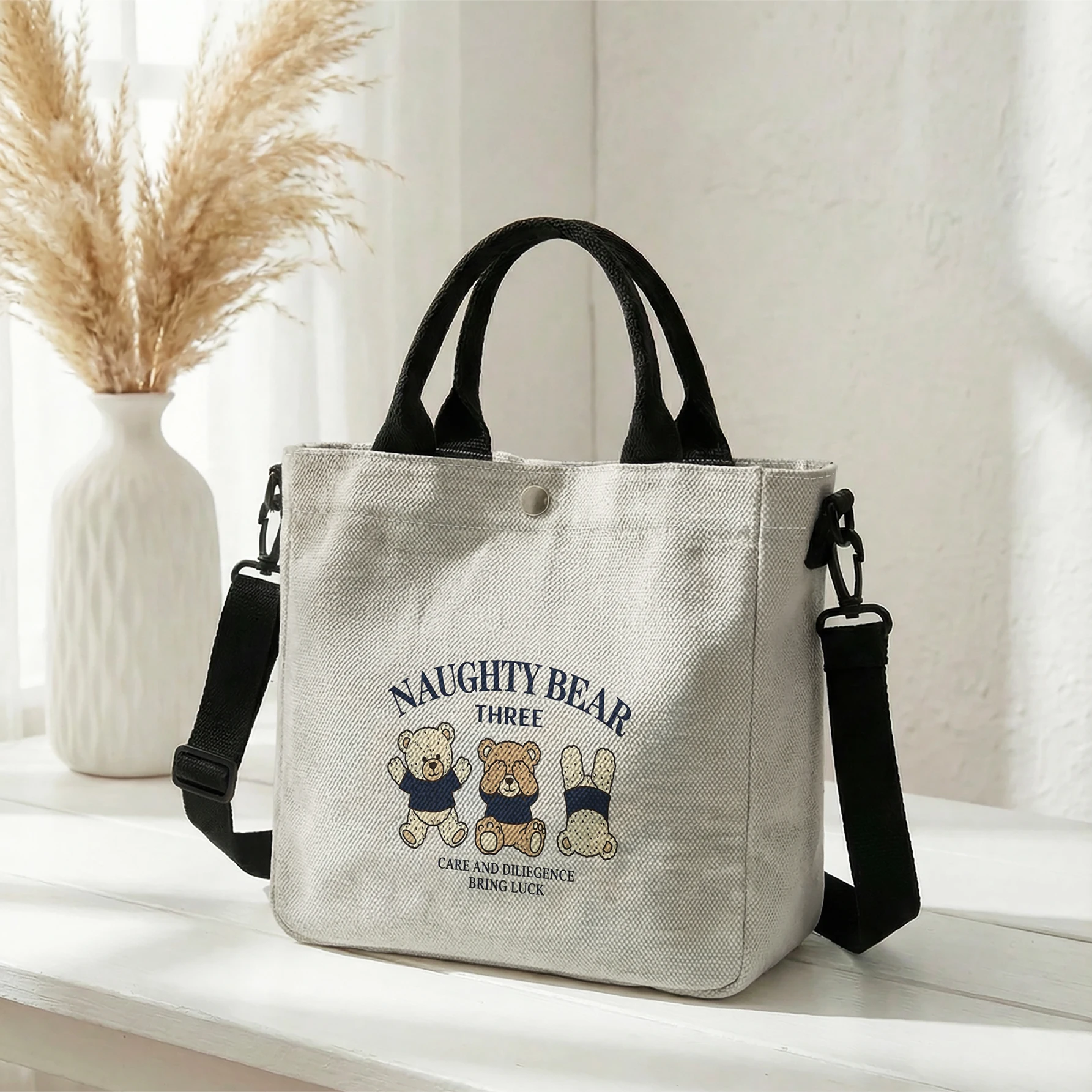Naughty Three Bears Print Tote Bag, Detachable Strap Crossbody Handbag For Daily Work Shopping