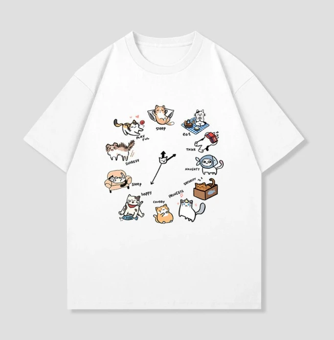 Versatile Cute Cat Daily Life Short-sleeved Printed T-shirt Top Unisex Kawaii Kitten Collection Graphic Casual Streetwear White