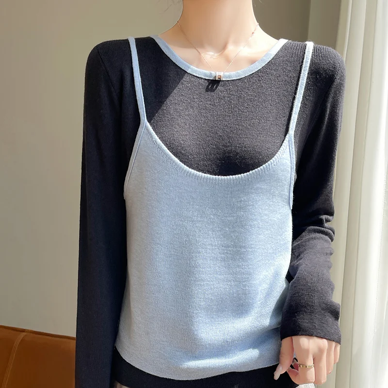 

Fake Two Knitted Pullovers for Women Sweaters Long Sleeve Autumn and Winter New Round Neck Contrasting Color Fashion Jumpers Top