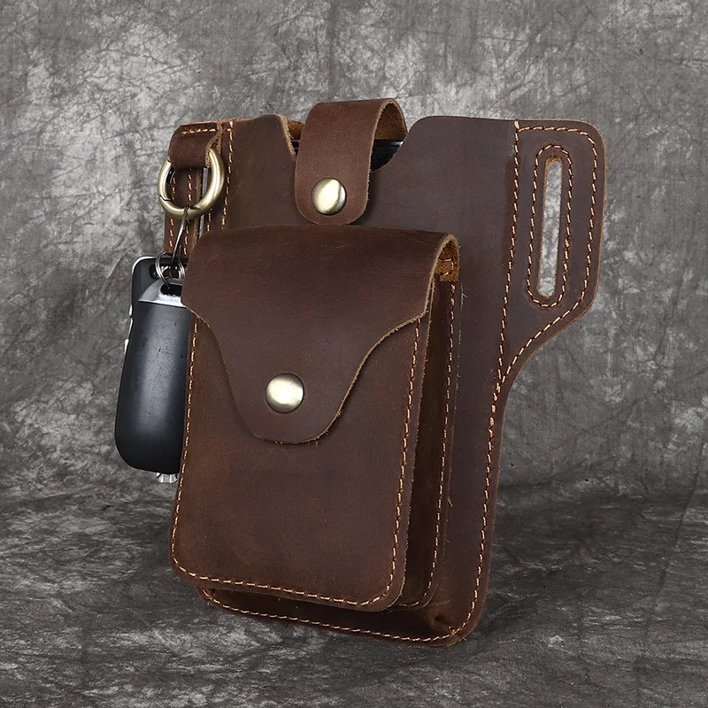 Crazy Horse Leather Men\'s Waist Bag Genuine Leather Mobile Phone Bag First Layer Cowhide Multifunctional Retro Style Key Wallet