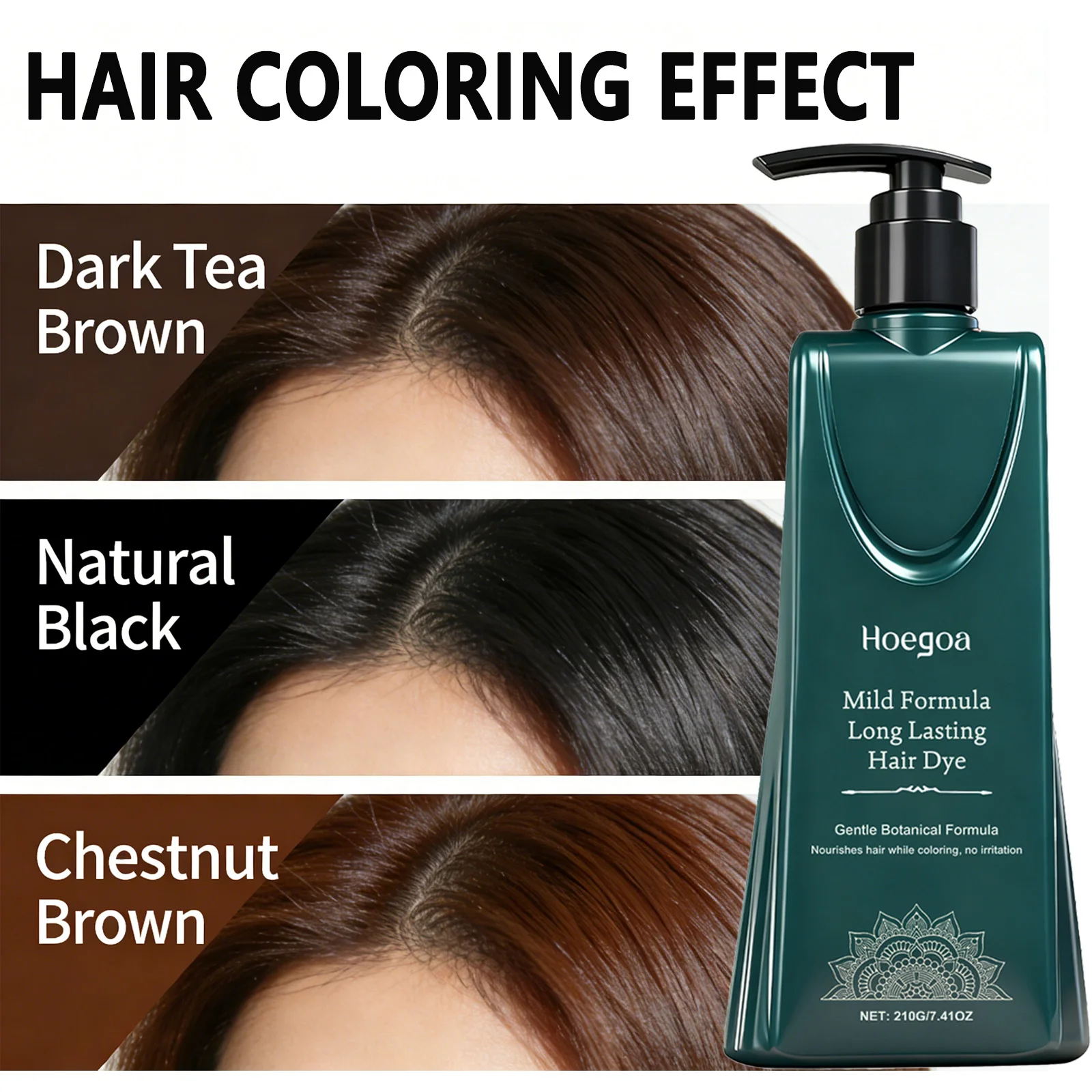 Tinte para el cabello en crema natural a base de plantas para cobertura de color gris: té oscuro, negro natural, tinte para el cabello marrón castaño que no daña
