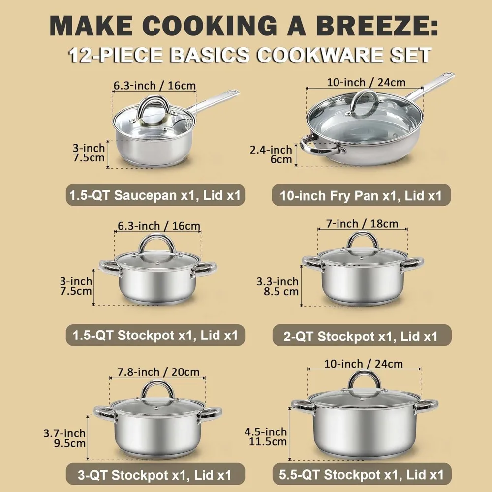 

Kitchen Cookware Sets, 12-Piece Basic Stainless Steel Pots and Pans, Silver
