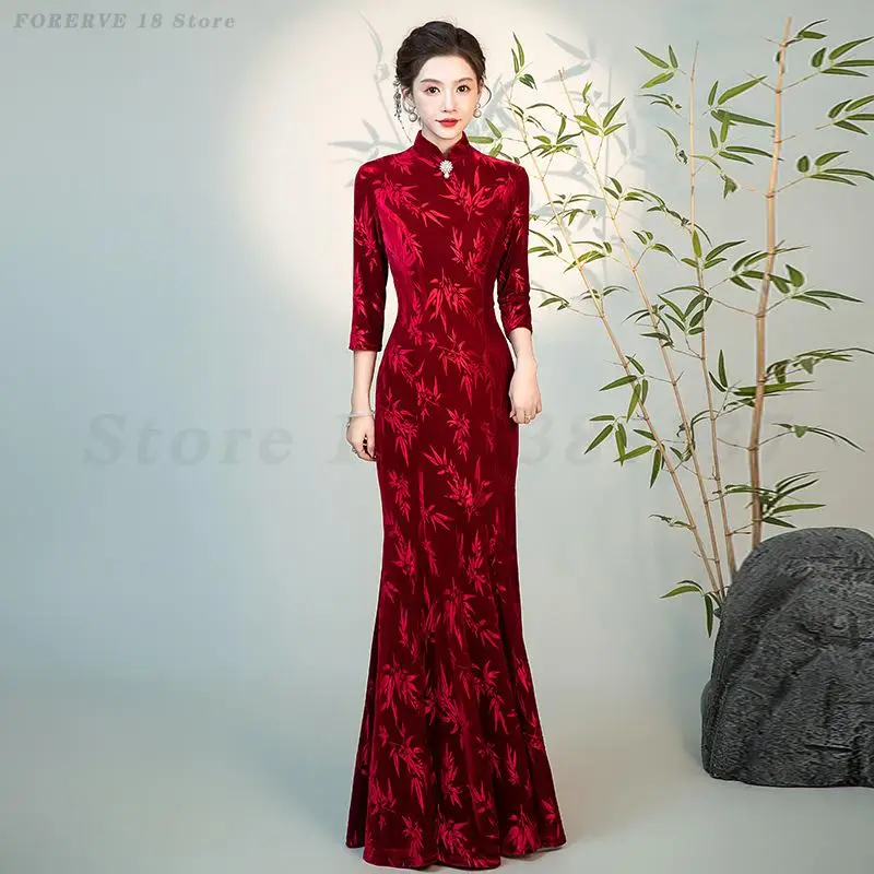 

Велюровое китайское платье женское с длинным рыбьим хвостом Qipao элегантное платье Cheongsams Oversize 3XL 4XL 5XL Vestidos Femme Mujer сексуальное жаккардовое платье