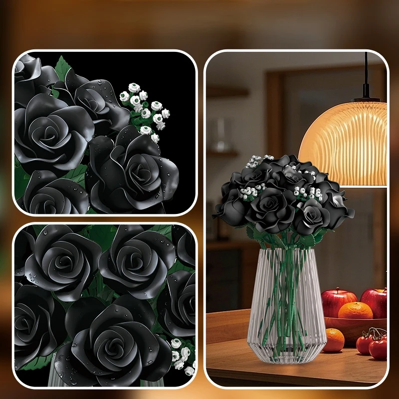 Conjunto de blocos de construção de flores preservadas em rosa rosa e preta, ornamento de modelo de mesa criativo, adequado para presentes e coleção.