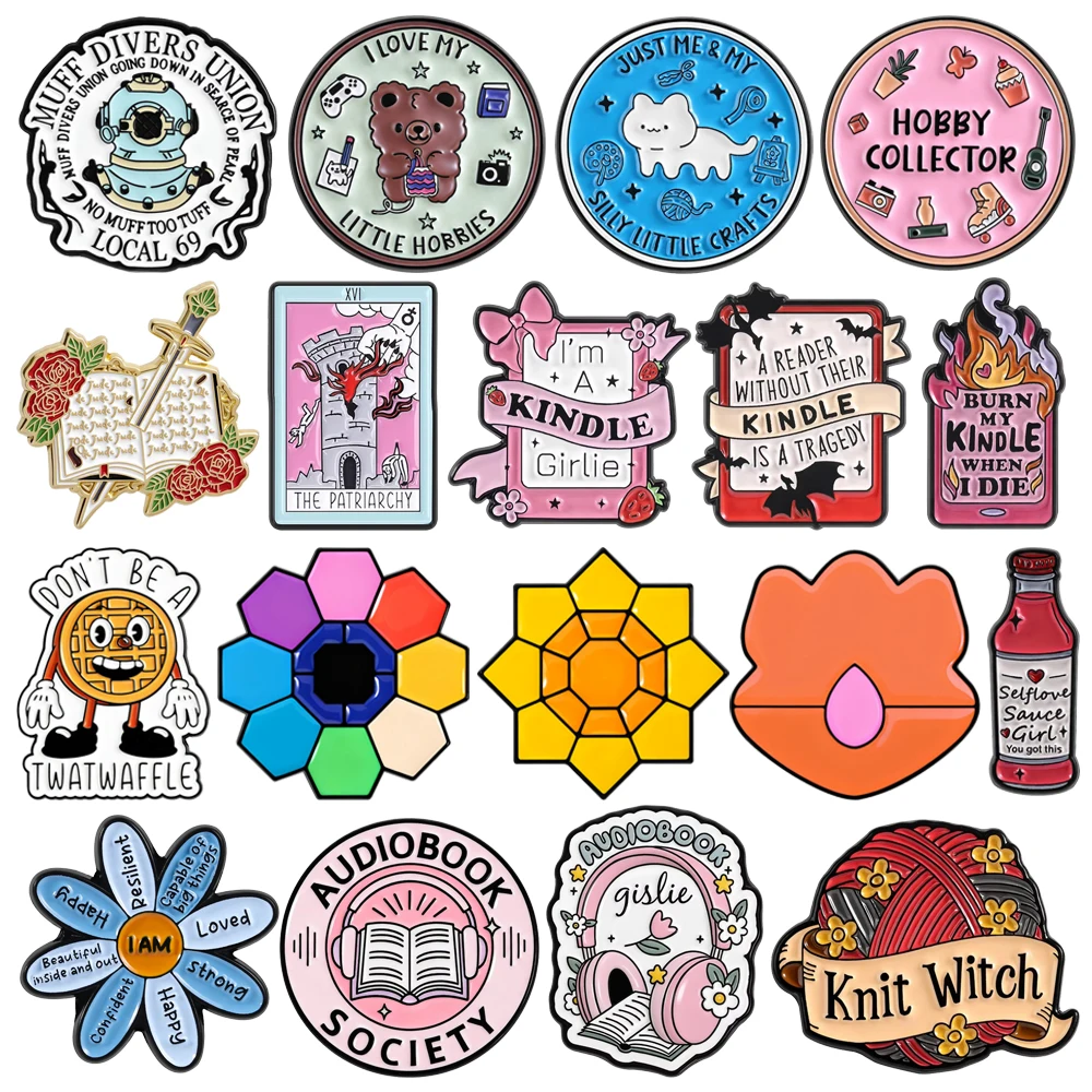 Cartoon Pink Headphones Book Enamel Brooch Lapel Pin Robot Bear Flame Marigold Bottle Wool Sword Metal Badge Jewelry Friend Gift
