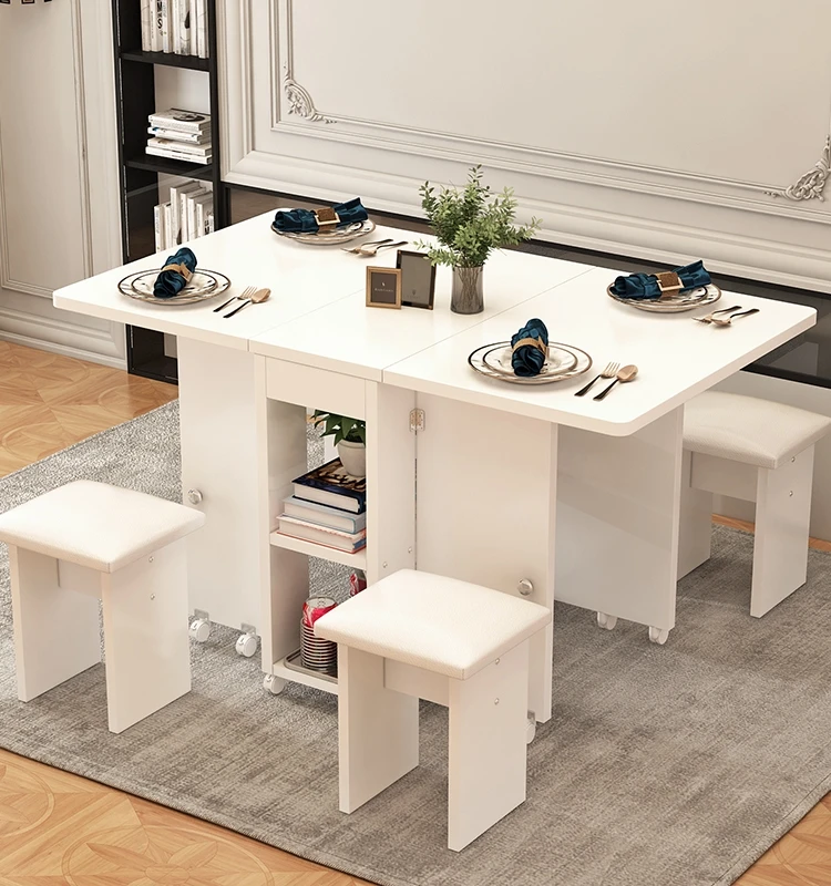 Household foldable dining table, movable and retractable rectangular small unit, multi-functional table and chair combination