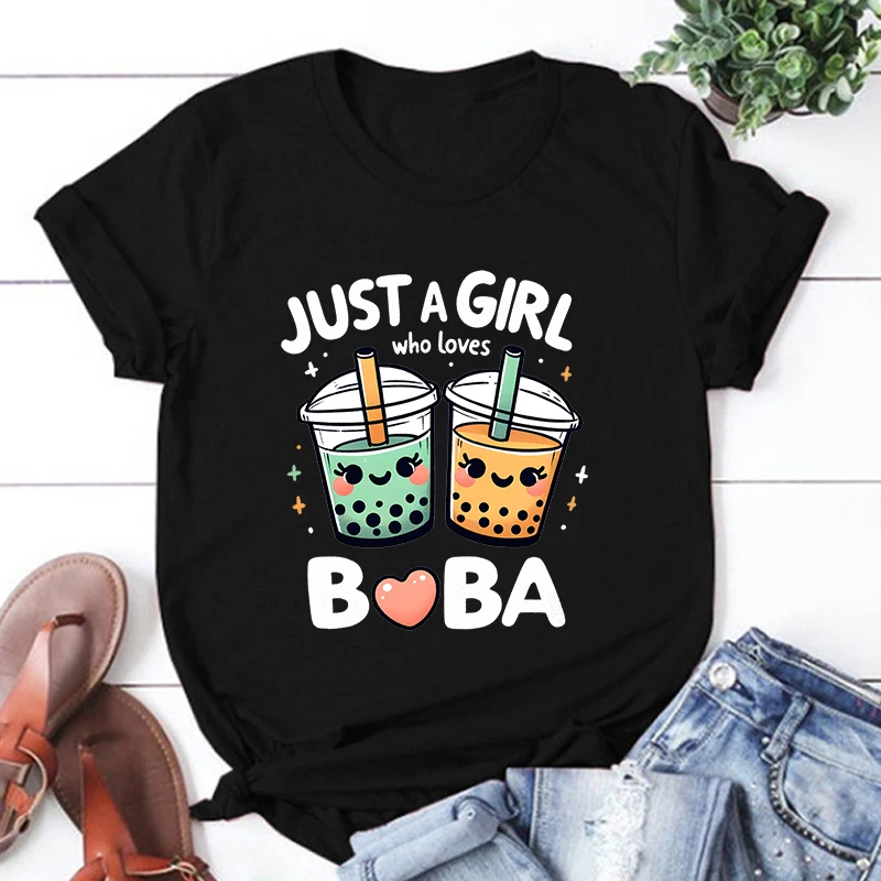 Just A Girl Who Loves Boba Letter Printed T Shirts Women Casual Short Sleeve Summer Tops