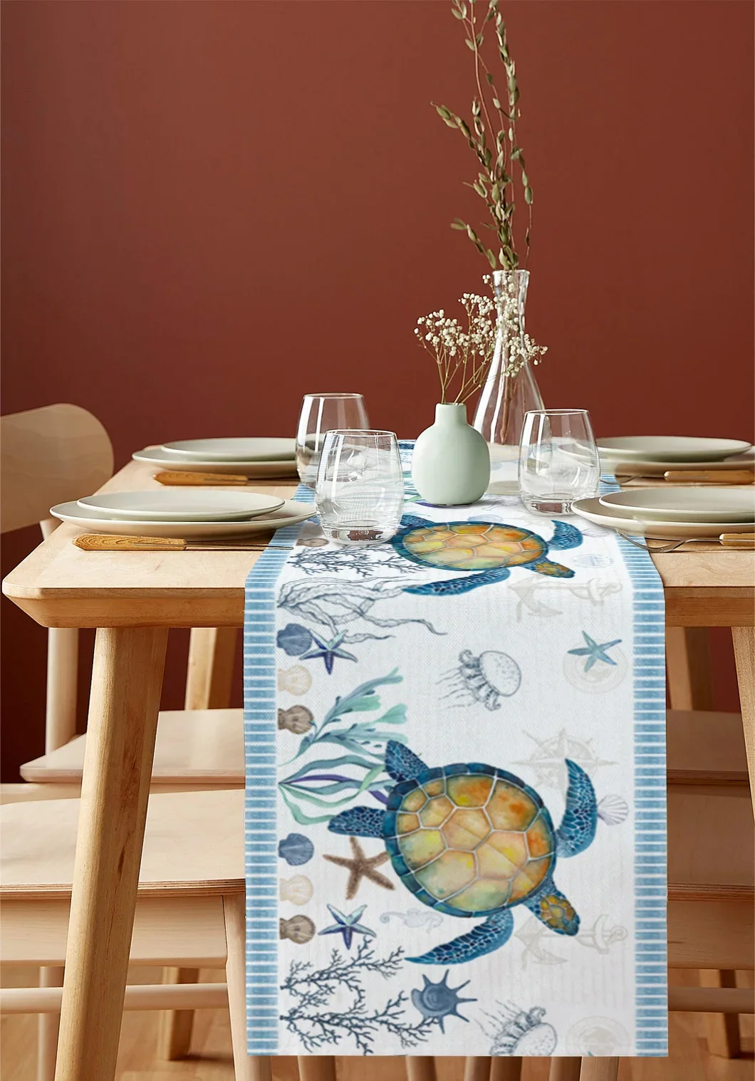 Sea Turtle Blue Starfish Shell Linen Table Runners Kitchen Table Decoration Dining Table Runner Wedding Party Supplies