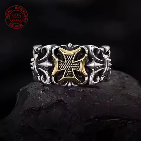 S925 Sterling Silver Punk Cross Ring Resizable Fashion Men's Personality Design Jewelry Retro Gothic Trend Gifts Wholesale