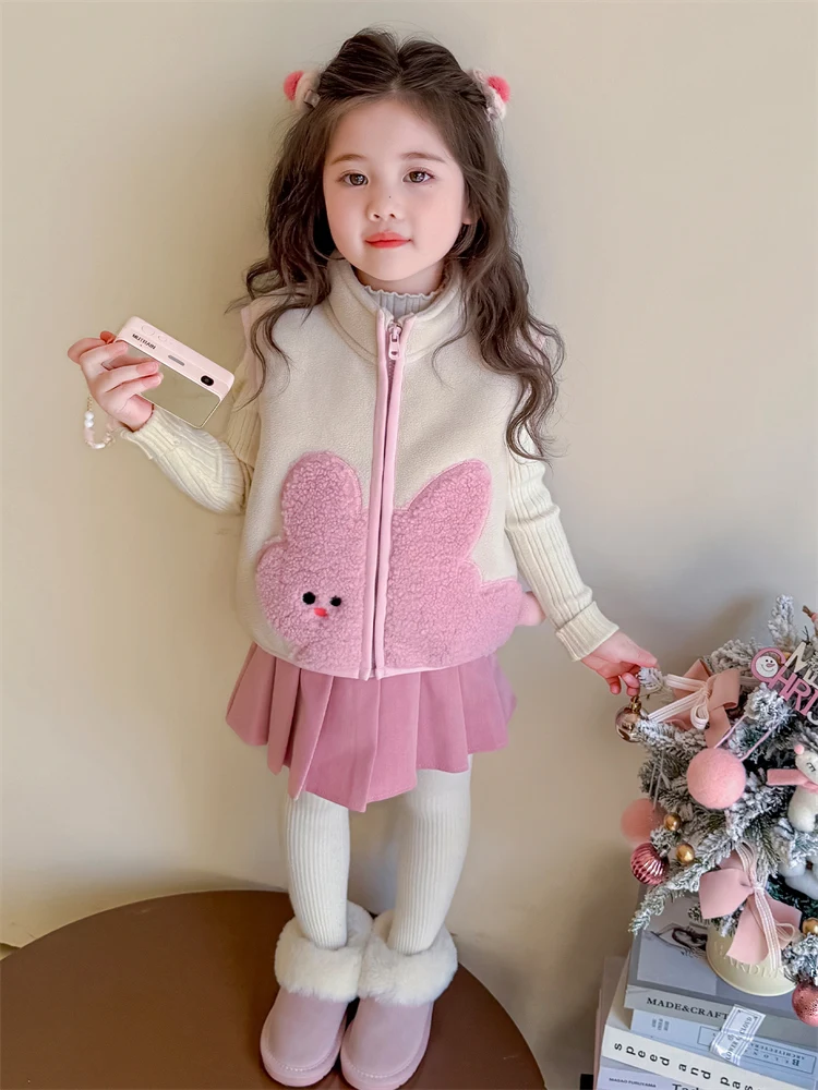 

Girls Fce Lined Cartoon Vest Winter Thiened Svel Warm Clothes Children's Faionable Outerwear Zipper Closure Pure...