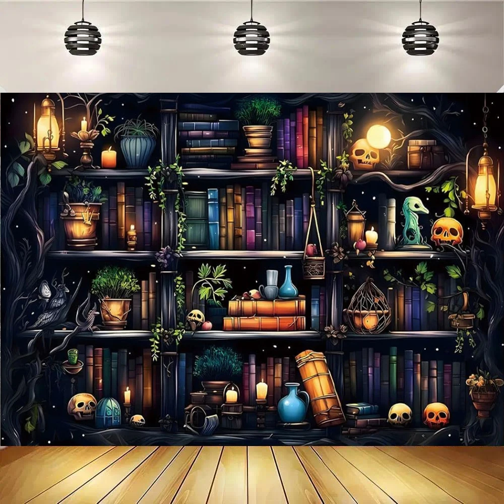 Halloween Bookshelf Backdrop Skull Spooky Witch Wizard Bookcase Background Halloween Dark Academia Portrait Photo Studio Prop