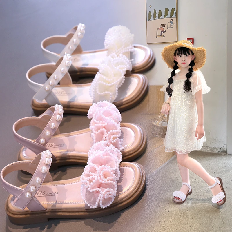 Pearl Flower Sweet Girls' Open Toe Fashion Sandals New Summer Synthetic Leather Girls Sandals Size:26-36