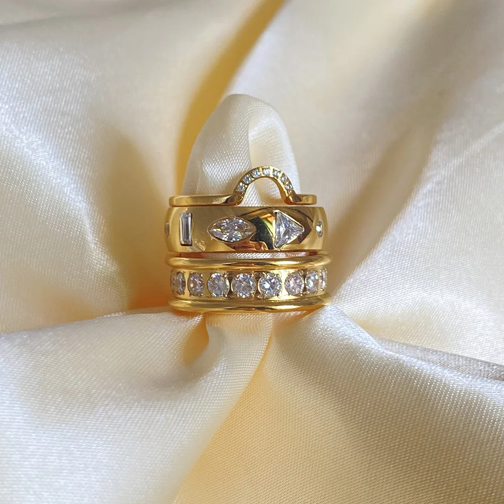 New ins 18k Gold Stainless Steel Shaped Zircon Ring For Women Vintage Geometric Zircon Rings Fashion Aesthetic Jewelry Gift