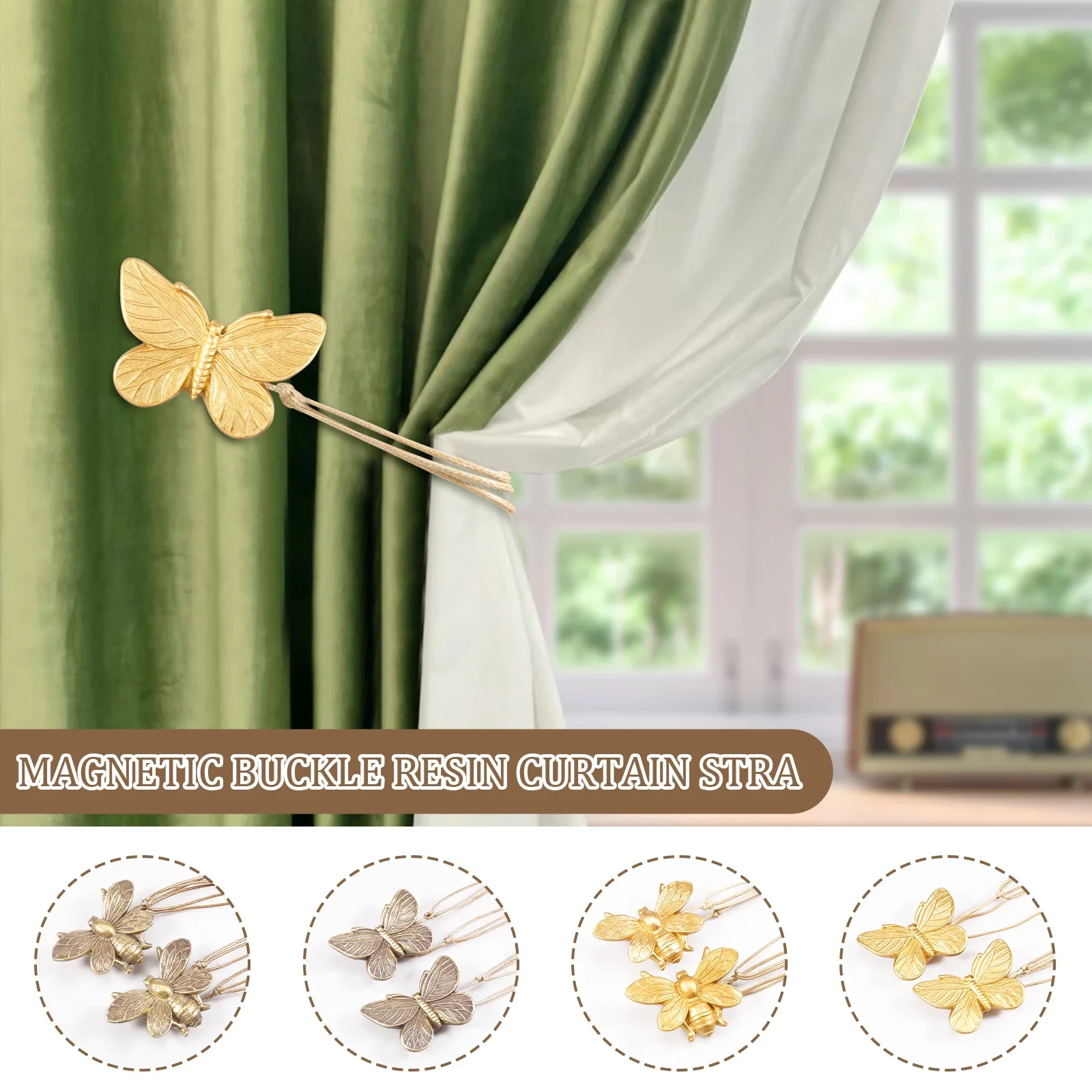 2Pcs Retro Biene/Schmetterling Stil Vorhang Holdback Harz Magnetische Vorhang Raffhalter Nordic Hause Dekorative Fenster Vorhang Halter