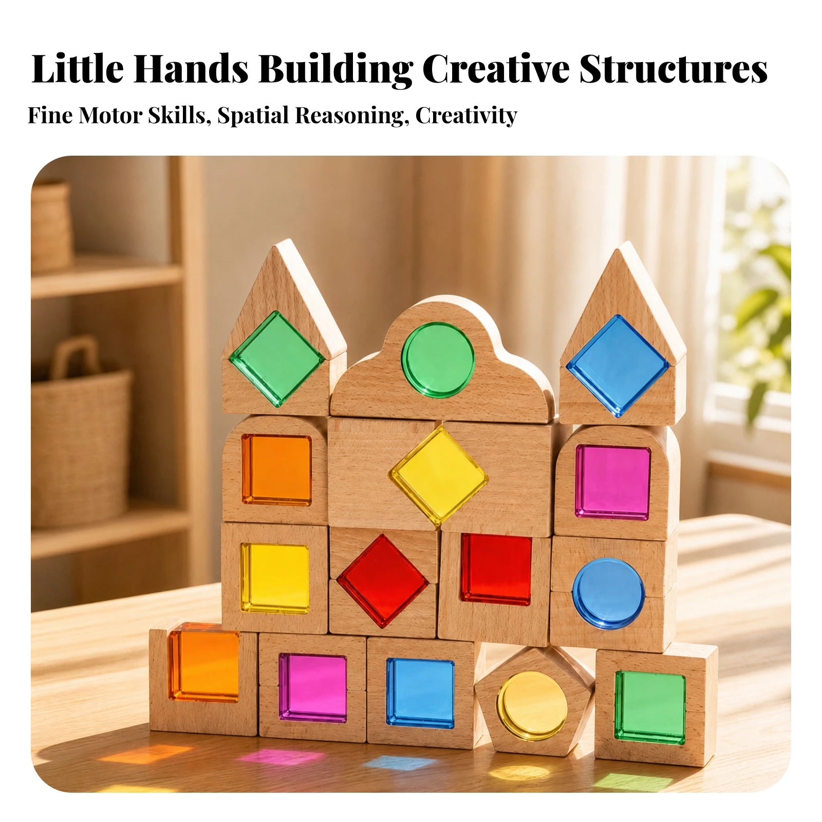 Translucent Acrylic Block Set with Wooden Pieces Transparent Wooden and Acrylic Building Blocks Set Light-Transmitting Block Toy