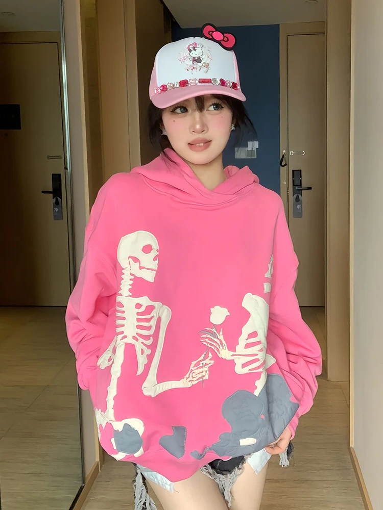 

American Sle Loose Fit Hoodie Women Early Spring Rose Skull Print Casual Outerwear Top Trendy Streetwear Sweatirt