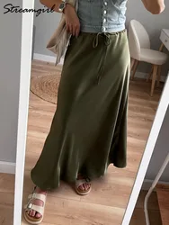 Champagne Long Skirts For Women Elegant 2024 Luxury Satin Skirt Long Beige A Line Tie Up Army Green Maxi Skirts For Women Autumn