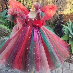 Fall Woodland Fairy Long Tutu Dress for Girls Forest Fairyland Princess Costumes with Wings Kids Flower Girl Party Ball Gown