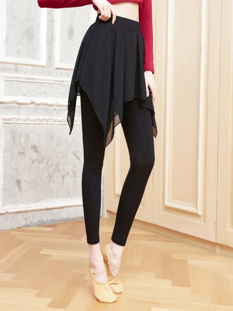 Faux Two Piece High Waist Skirt Pants for Women Classical Dancewear Solid Color Loose Fit Performance Bottoms for Training Stage